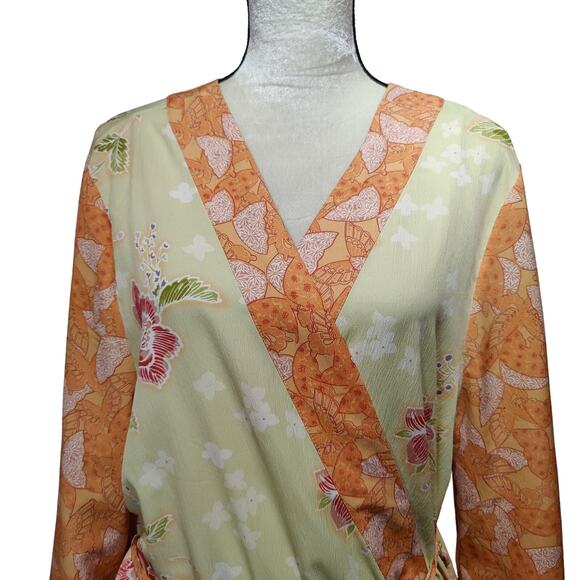 Cabernet Woman Plus Sz 1X Floral Kimono Robe Orange Green Butterfly Art To Wear - Picture 3 of 11